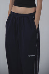 Navy blue pants with 'formation' text on a gray background