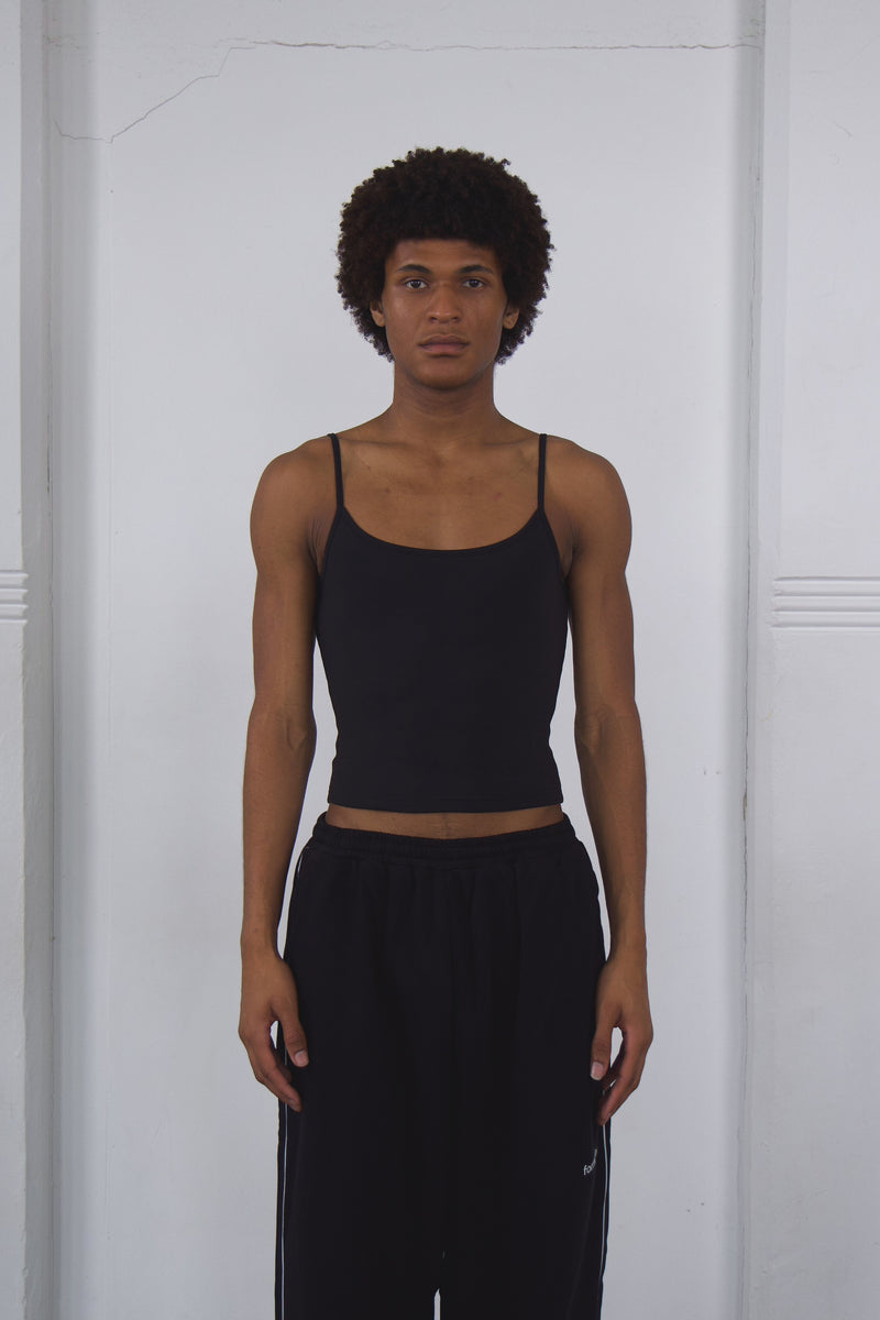 Black tank top and black baggy dance pants