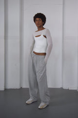 grey baggy dance pants work with white tank top and bolero