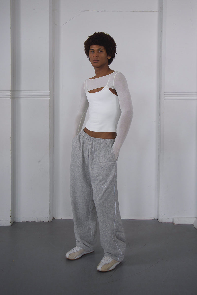 grey baggy dance pants work with white tank top and bolero